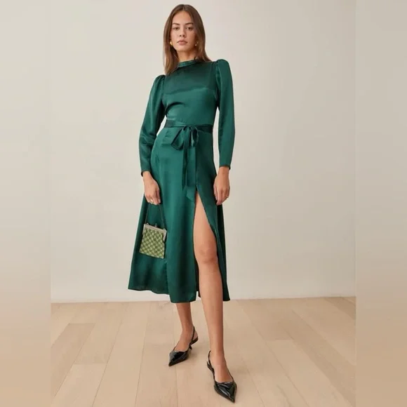 Reformation Julius Silk Dress In Forest, NWOT, NEVER WORN, NO FLAWS. - Picture 1 of 10